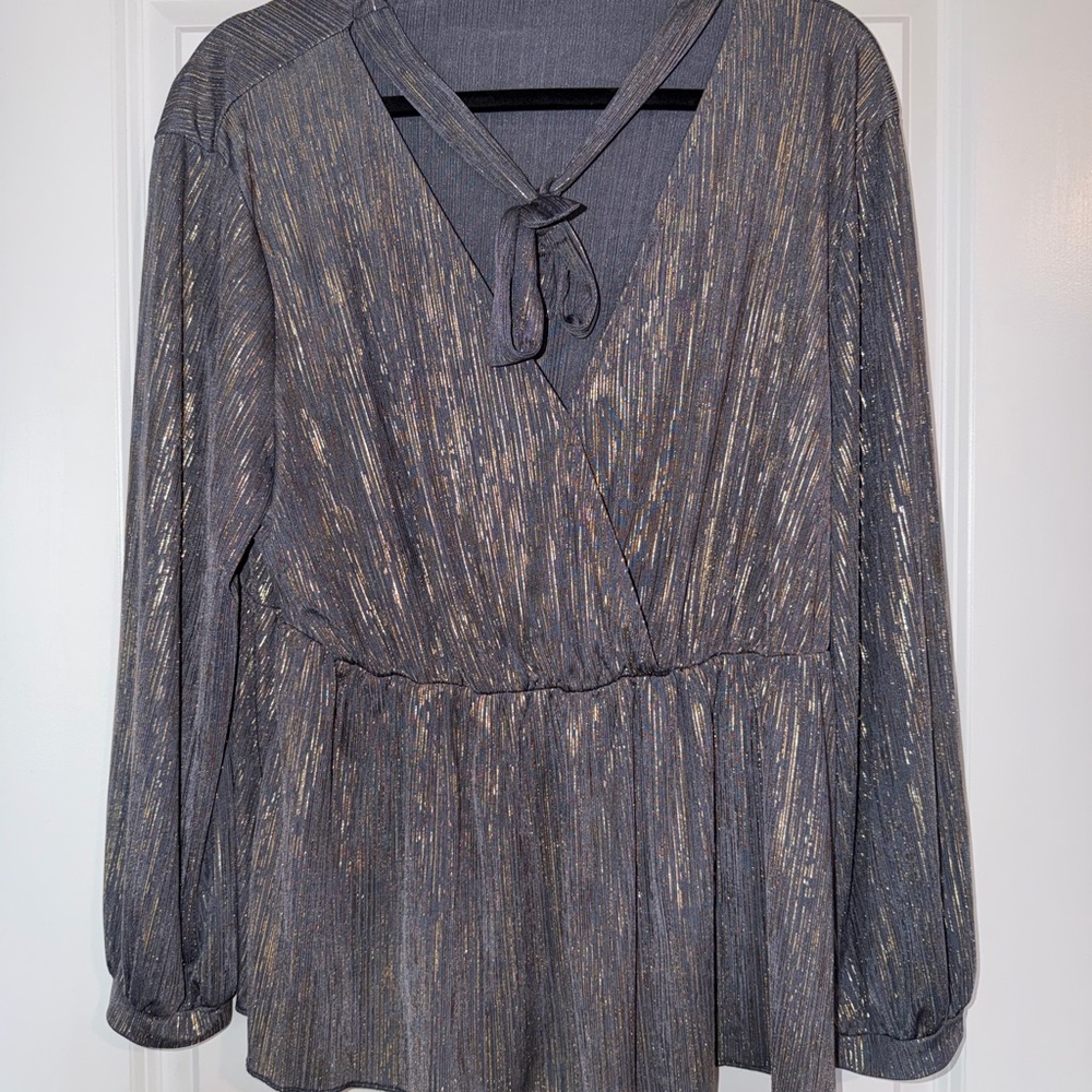 Metallic Gray Tie-Neck Peplum Blouse